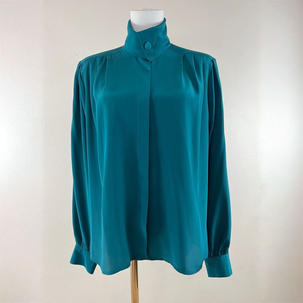 Vintage 80s Anna Kristie Teal Liquid Satin High Collar Secretary Blouse Size 8